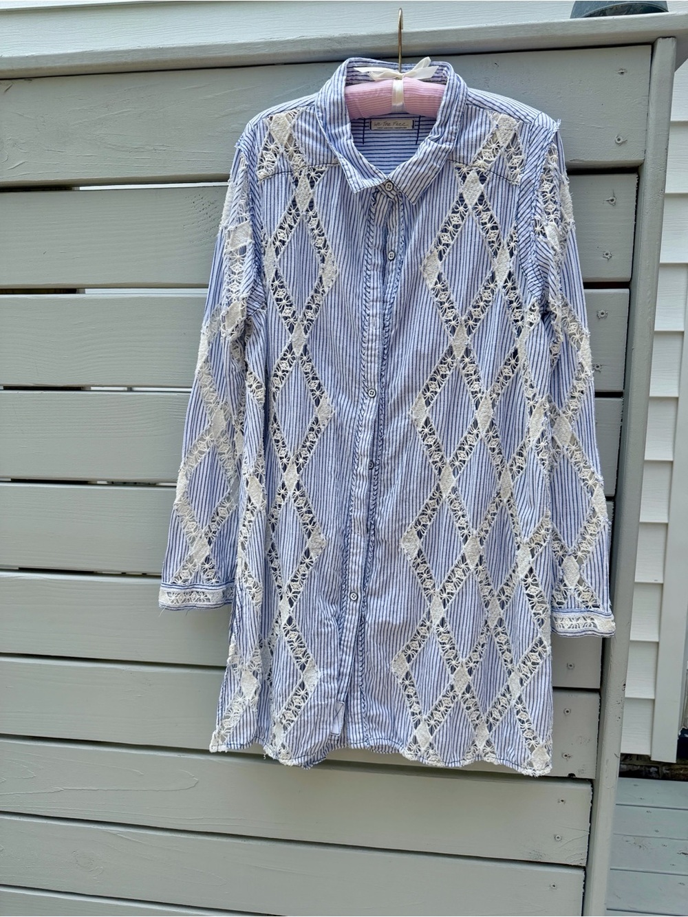 Free People Blue and White Striped Lace Panel Button-Up Shirt